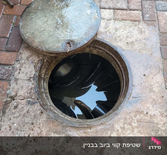 פתח ביוב פתוח עם מכסה מונח בצד